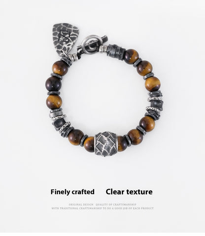 Yinshu Original Handmade &lt;Hammered&gt; Bracelet for Men Niche 999 Pure Silver Tiger Eye Stone Men's Vintage Bracelet
