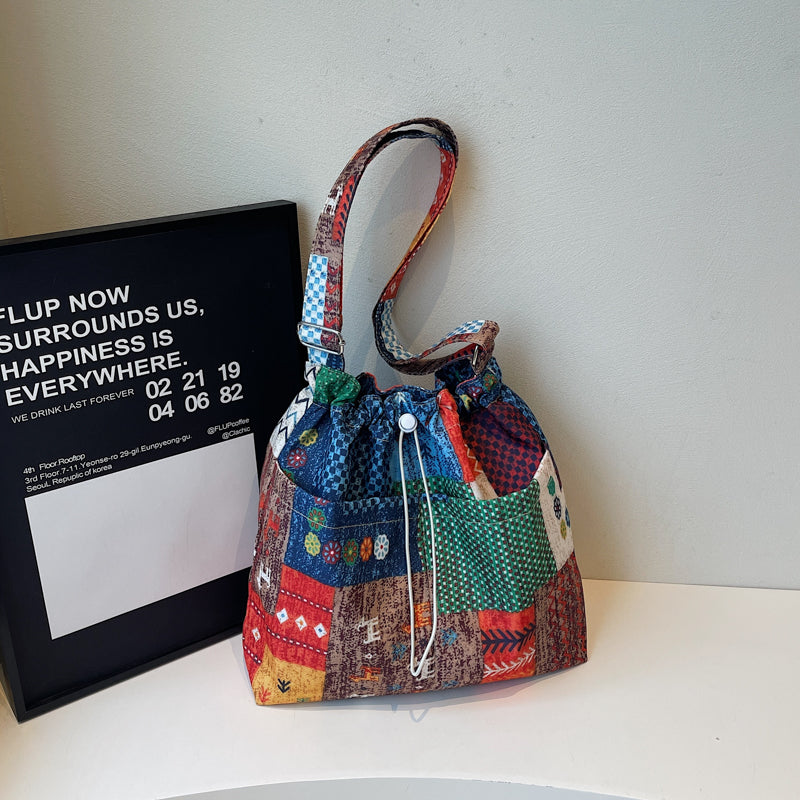 Niche Original Retro Color-Block Ethnic Style 2025 Spring New Denim Bag Single Shoulder Crossbody Canvas Bag for Women