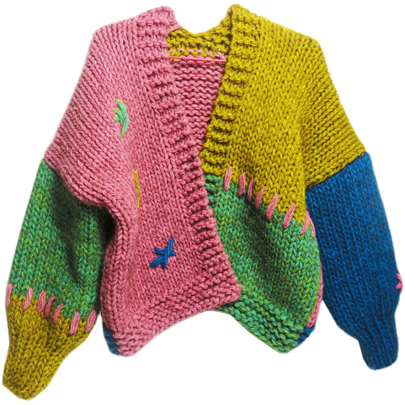 Original Handmade Knitted Lazy Thick Sweater Cardigan for Women Autumn Winter Color Block Patchwork Knitwear