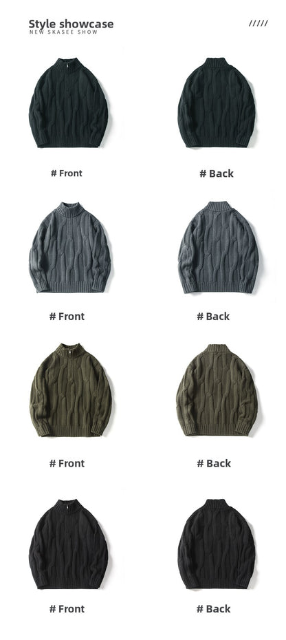 Men's Winter Heavyweight Cable Knit Sweater - American Retro Half-Zip Stand Collar