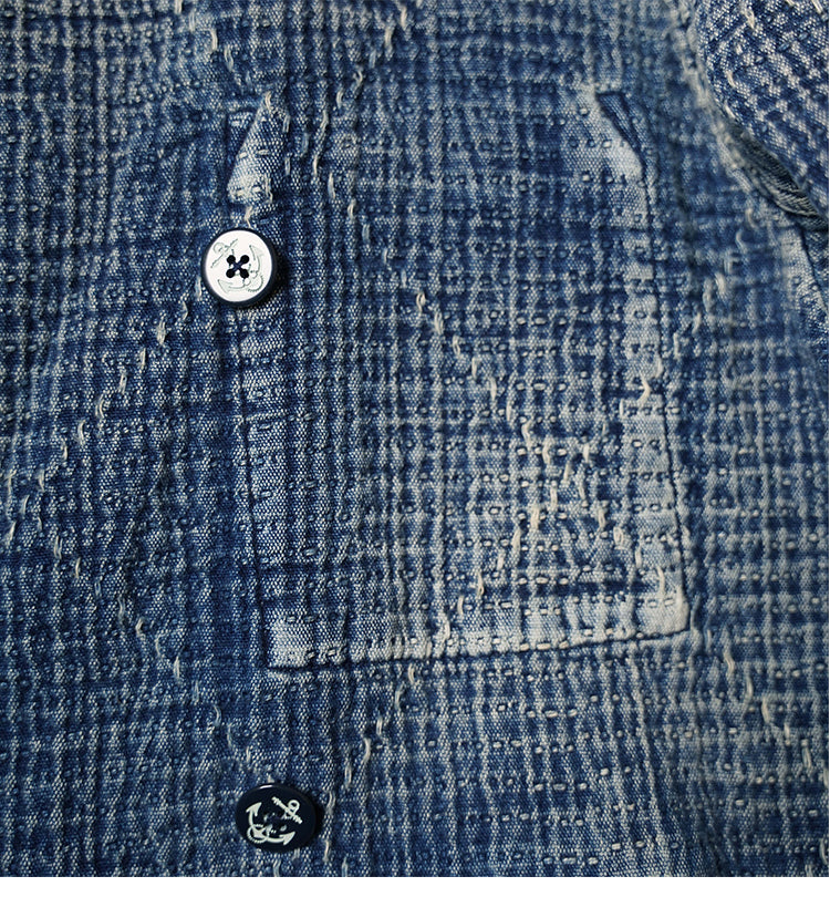 Retro Sashiko Washed Double-Breasted Jacket – Heavy Indigo Denim Workwear (Unisex)