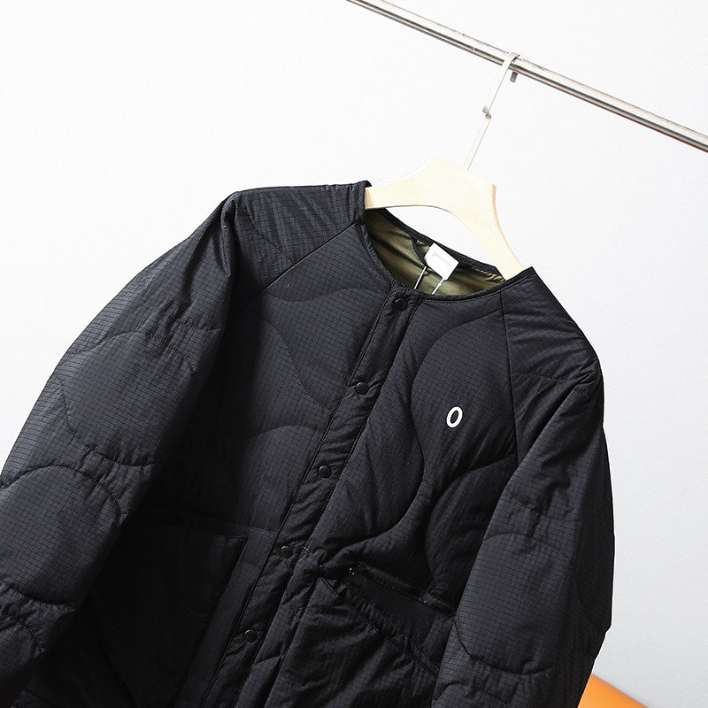 Collarless Down Jacket – Wave Quilting & Snap Front