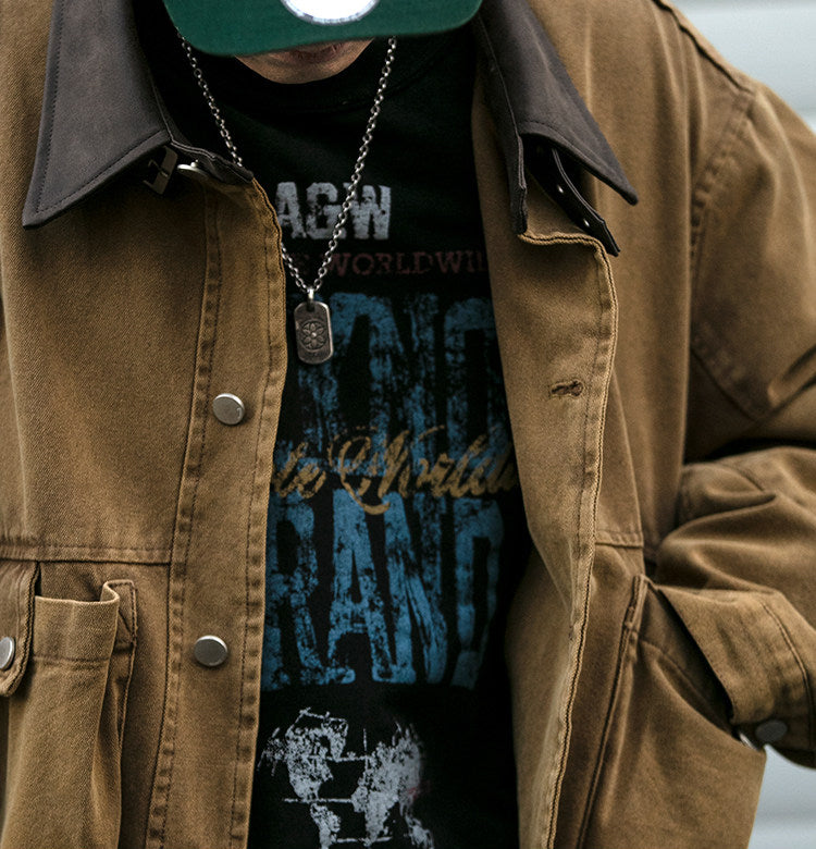 Washed Patchwork Lapel Cargo Jacket – American Retro Oversized Unisex