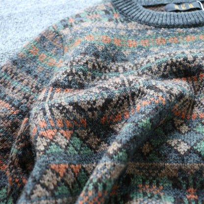 100% Wool Jacquard Stripe Crew Neck Sweater – Men's Thick Knit Pullover