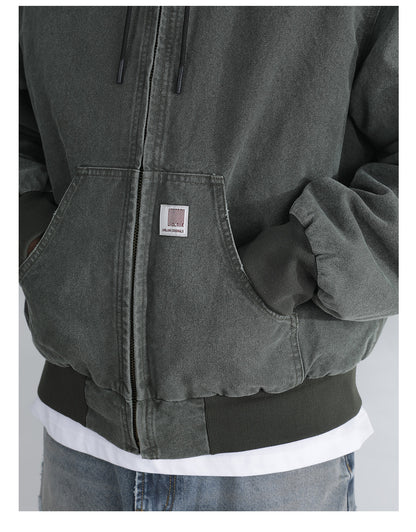 Vintage Wash Distressed Cargo Hoodie Jacket – Thermal Insulated Men's Coat