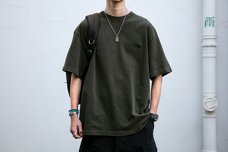 320G Heavyweight Washed Distressed Short Sleeve T-Shirt – Letter Embroidery Vintage Tee for Men – Japanese vintage | yamalin clothes | Yamalinclothes