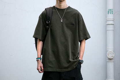 320G Heavyweight Washed Distressed Short Sleeve T-Shirt – Letter Embroidery Vintage Tee for Men – Japanese vintage | yamalin clothes | Yamalinclothes
