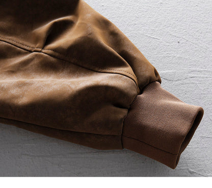 American Vintage Suede PU Leather Stand-Collar Jacket – Oversized Men’s Moto Coat