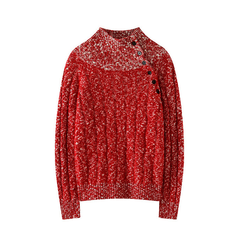 Heavy-duty lazy cashmere sweater, diagonal buttoned floral tulle, thickened twisted high-neck sweater, Korean autumn/winter new women's knitwear | Yamalinclothes