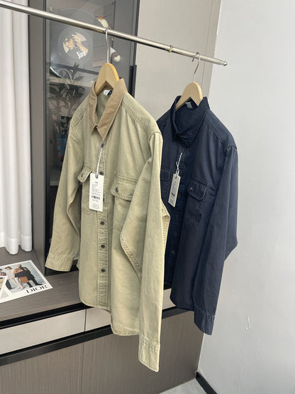 Contrast Stitch Lapel Cotton Shirt – American Retro Workwear Pocket Unisex – Coats Jackets | japanese streetwear | vintage workwear | unisex | Yamalinclothes