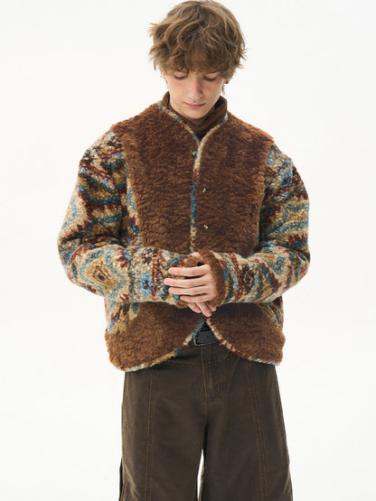 Printed Wool Patchwork Coat - Eco-Friendly Wooden Button Warm Jacket
