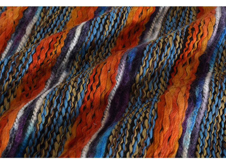 Colorful Striped Lazy Pullover Sweater – Thickened Crew-Neck Loose Fit (Women)