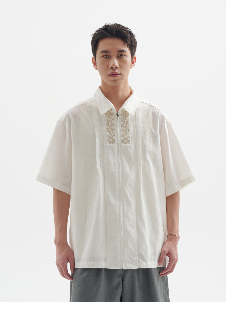 25SS Ramie Blend Passionflower Embroidery Washed Vintage Japanese Style Retro Short Sleeve Shirt