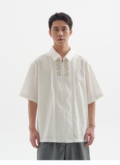 25SS Ramie Blend Passionflower Embroidery Washed Vintage Japanese Style Retro Short Sleeve Shirt