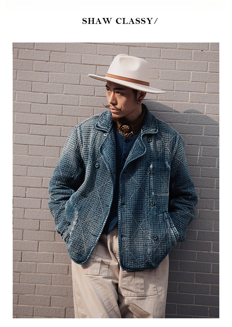 Retro Sashiko Washed Double-Breasted Jacket – Heavy Indigo Denim Workwear (Unisex)