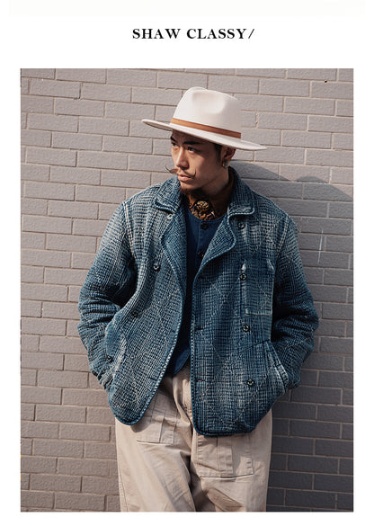 Retro Sashiko Washed Double-Breasted Jacket – Heavy Indigo Denim Workwear (Unisex)