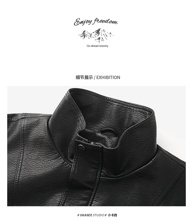 Men's American Retro Leather Jacket - Lychee Grain Stand Collar Motorcycle Coat