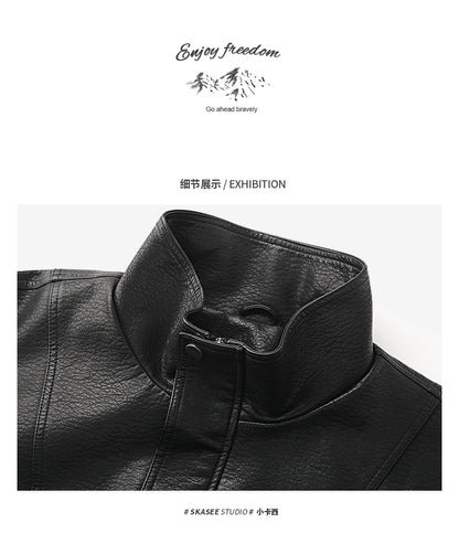 Men's American Retro Leather Jacket - Lychee Grain Stand Collar Motorcycle Coat