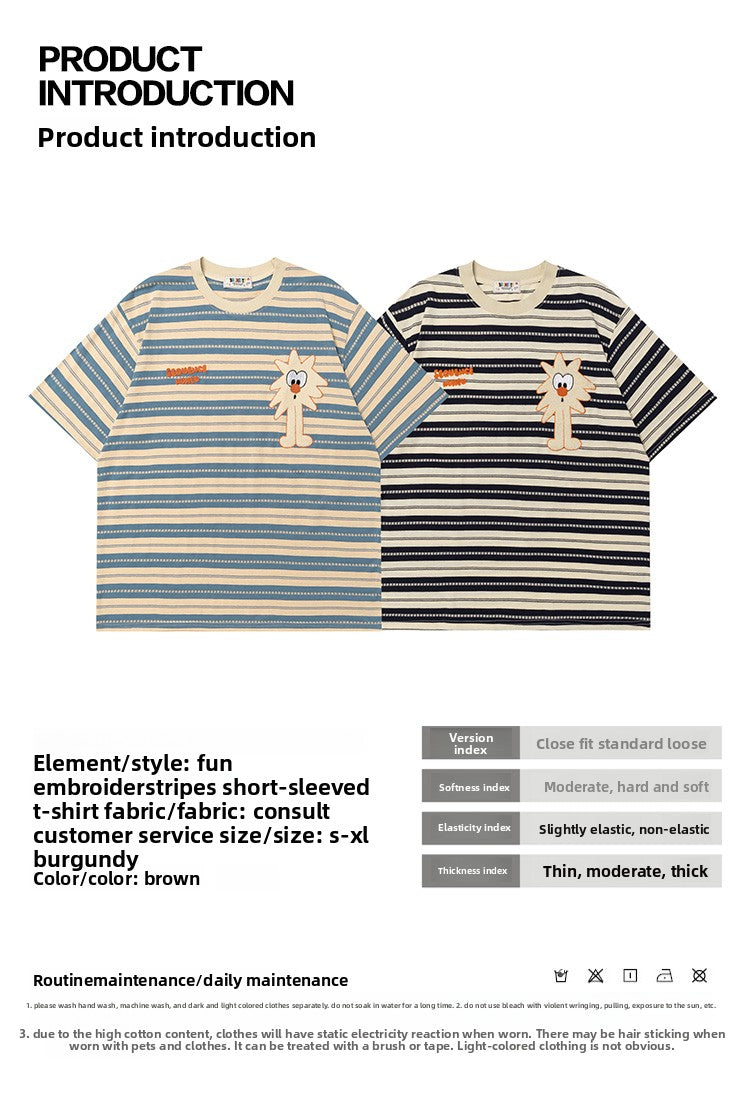 Japanese Style Casual Cartoon Color Block Striped Short Sleeve Men's T-Shirt Summer Oversize Lazy Half Sleeve Tee