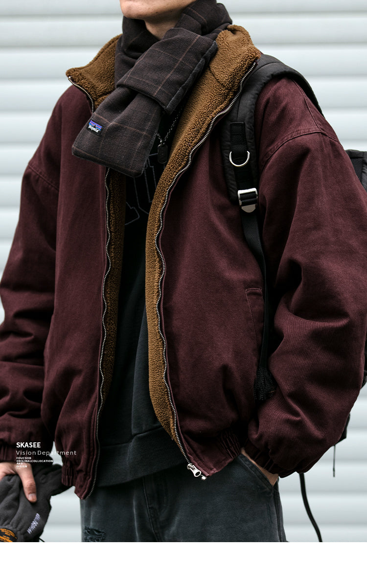 Japanese Retro Melad Stand Collar Lamb Wool Cotton Jacket for Men Winter Trendy Loose Couple Thickened Warm Cotton Coat Trendy