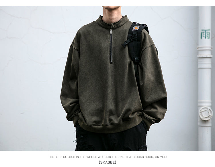 Unisex 465g Washed Vintage Sweatshirt - Boxy Half-Zip Snowflake Knit Pullover