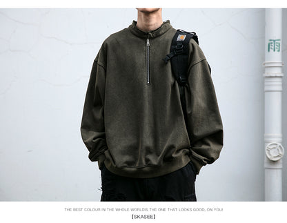 Unisex 465g Washed Vintage Sweatshirt - Boxy Half-Zip Snowflake Knit Pullover