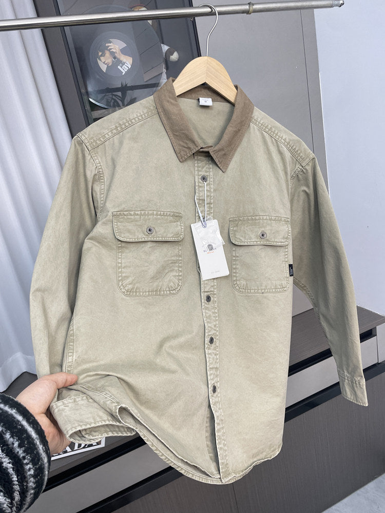 Contrast Stitch Lapel Cotton Shirt – American Retro Workwear Pocket Unisex – Coats Jackets | japanese streetwear | vintage workwear | unisex | Yamalinclothes