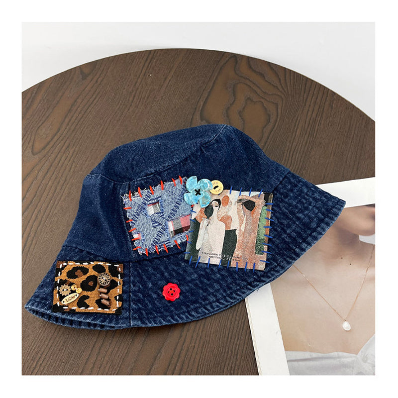 Denim Abstract Appliqué Fisherman Hat – Wide Brim Sun Protection Streetwear – Japanese vintage | yamalin clothes | Yamalinclothes