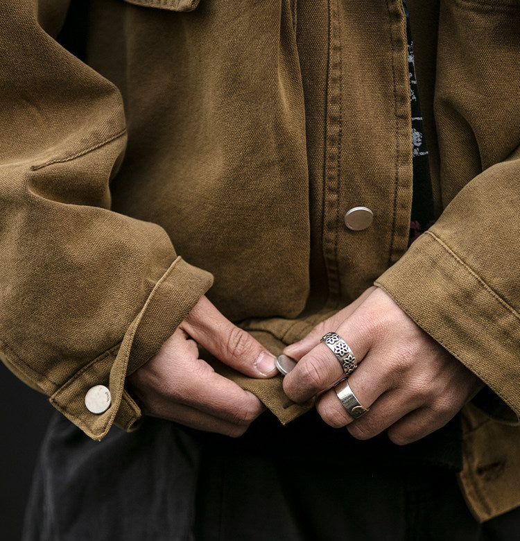 Washed Patchwork Lapel Cargo Jacket – American Retro Oversized Unisex