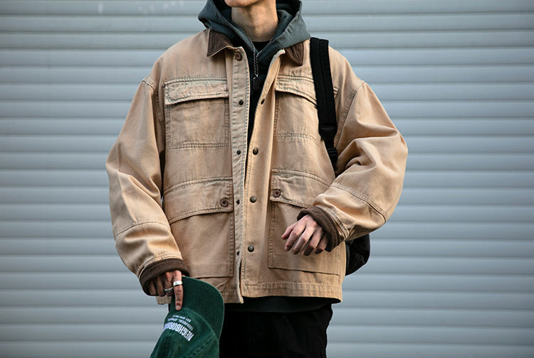Cotton Cargo Jacket – Corduroy Collar & Four Pockets | Yamalin clothes | Vintage workwear outfit for men
