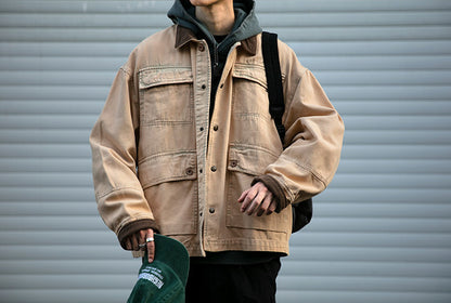 Cotton Cargo Jacket – Corduroy Collar & Four Pockets | Yamalin clothes | Vintage workwear outfit for men