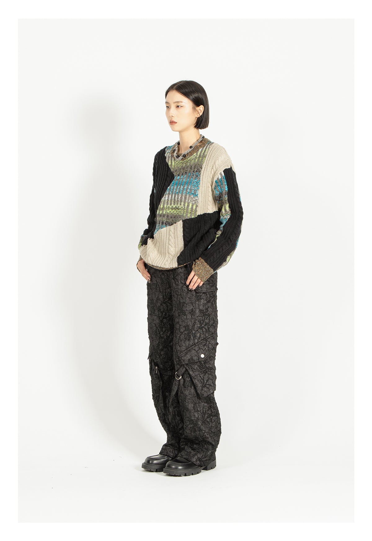 Heavy-weight twisted patchwork gradient back collar camel wool sweater