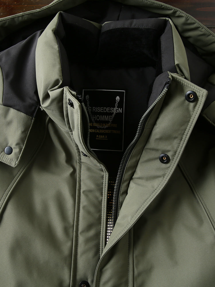 Men's Winter Outdoor 700 Fill Power Down Jacket - Windproof Waterproof Hooded Mid-Length Cold-Resistant Coat