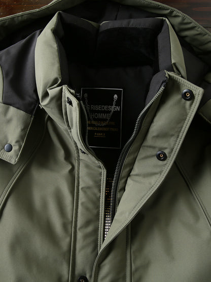 Men's Winter Outdoor 700 Fill Power Down Jacket - Windproof Waterproof Hooded Mid-Length Cold-Resistant Coat