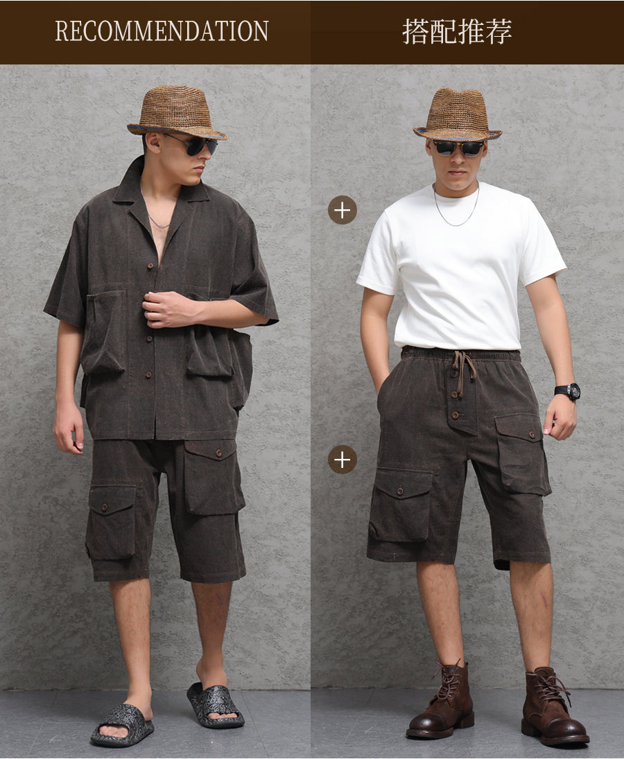 Wild Silk Cuban Collar Half Sleeve Shirt Men's Dye Yam Dyed Tussah Silk Aloha Retro Short Sleeve Shirt Summer