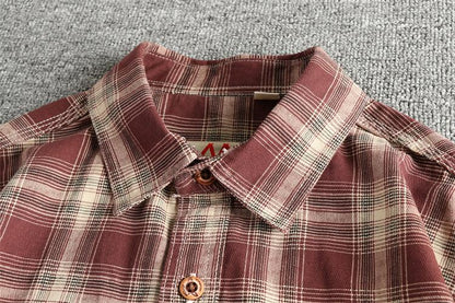 Japanese Plaid Workwear Shirt – Men's Washed Cotton Large Pocket Long-Sleeve