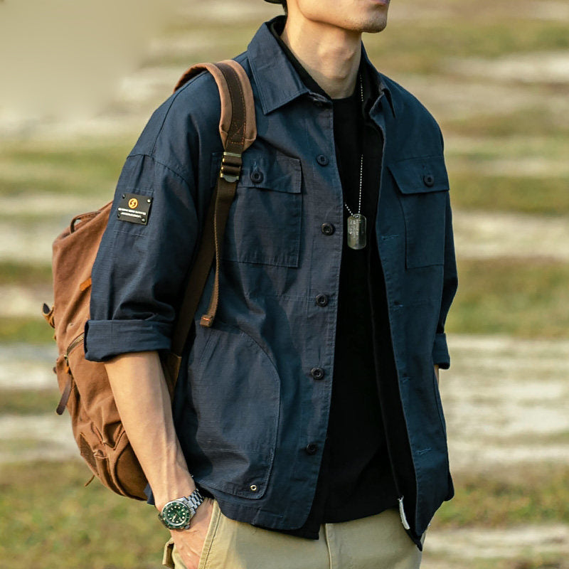 Vintage Cargo Workwear Jacket Men – Loose Cotton Multi Pocket American Coat