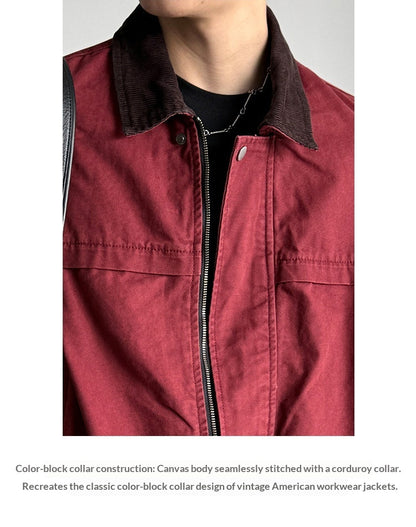 Cotton Canvas Jacket – Washed Red & Corduroy Collar | Yamalinclothes