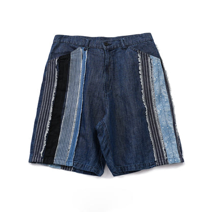 Japanese Vintage Patchwork Denim Shorts – Handmade Ethnic Strip Panel Summer Streetwear – Japanese vintage | yamalin clothes | Yamalinclothes