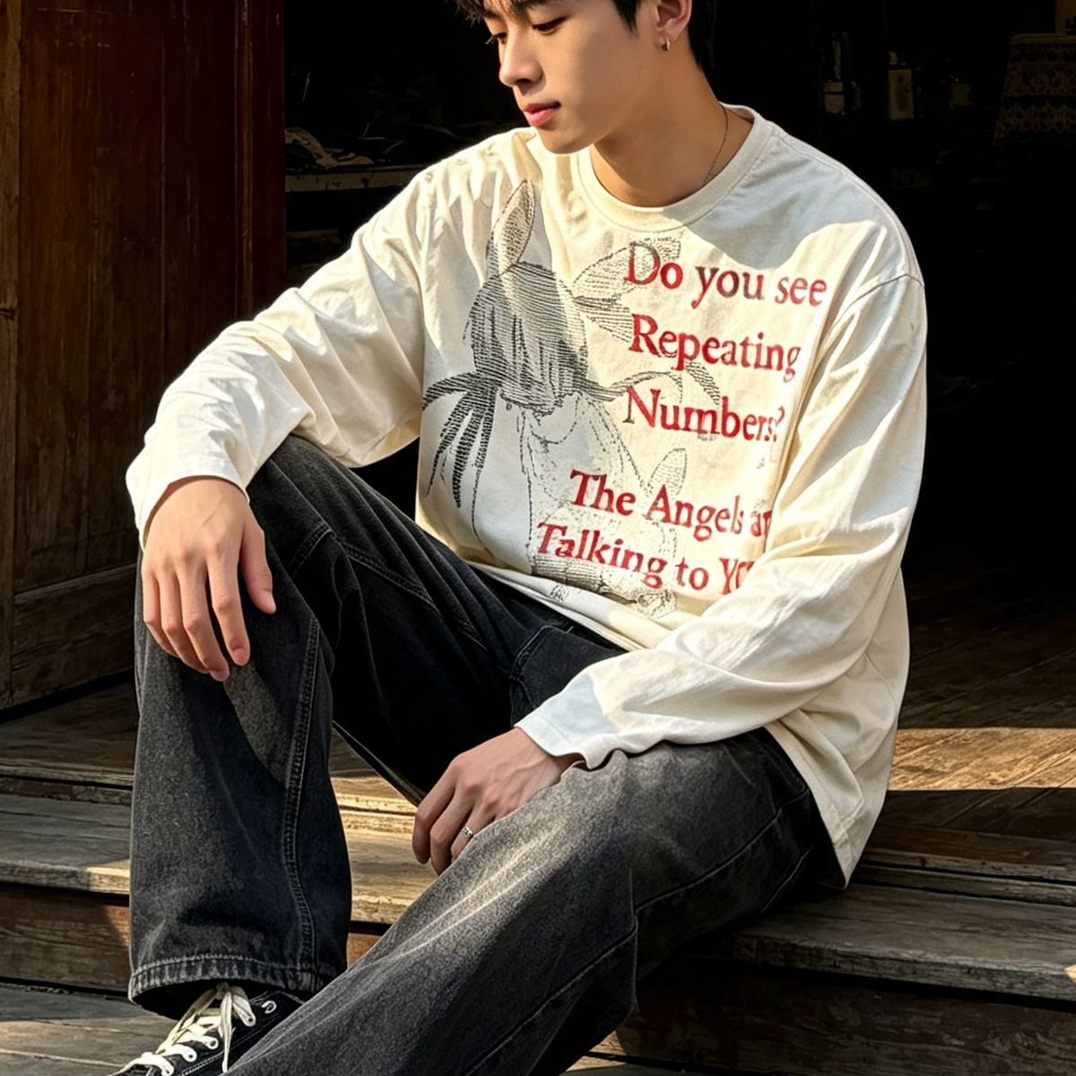 Japanese Black Red Washed Long Sleeve Tee – Punk Irregular Print Streetwear – T-shirt | japanese streetwear | vintage workwear | unisex | Yamalinclothes