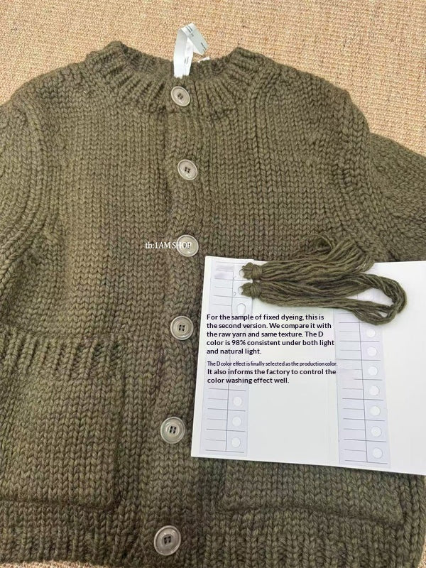 Olive Green Wool Blend Knit Cardigan Sweater - Yamalin Loose Casual