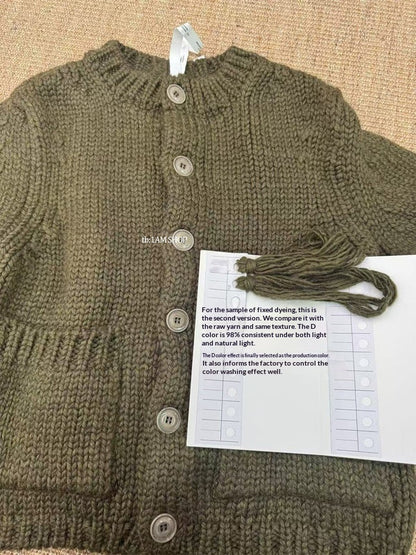 Olive Green Wool Blend Knit Cardigan Sweater - Yamalin Loose Casual