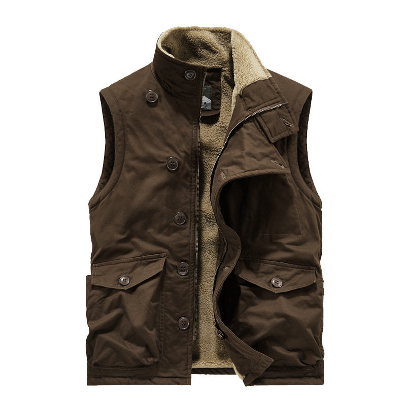 Multi-Pocket Fleece-Lined Utility Vest – Stand Collar Sleeveless Workwear Unisex – Vest | japanese streetwear | vintage workwear | unisex | Yamalinclothes