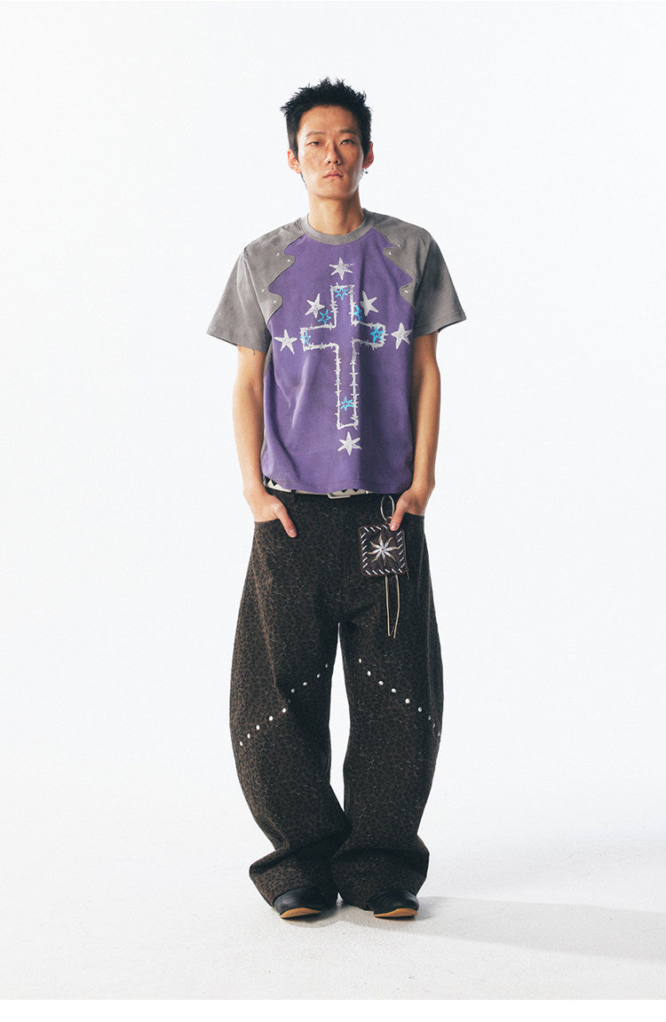 Irregularly patterned patchwork short-sleeved T-shirt – Japanese vintage | yamalin clothes | Yamalinclothes