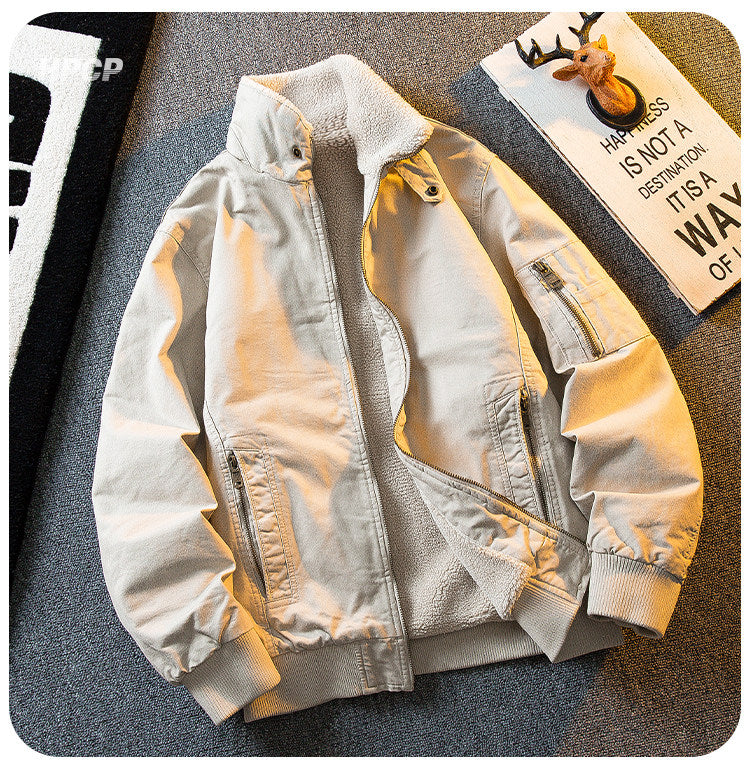 Lambswool Stand Collar Workwear Bomber Jacket – Fleece Lined Unisex Winter