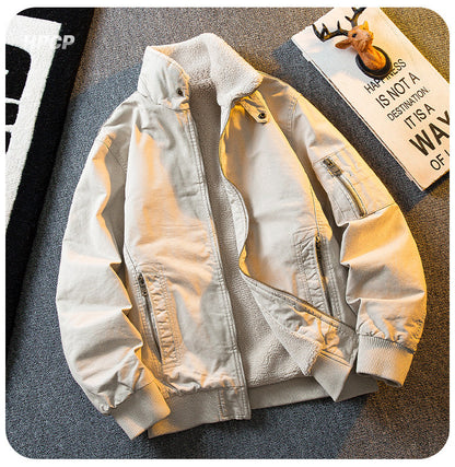Lambswool Stand Collar Workwear Bomber Jacket – Fleece Lined Unisex Winter