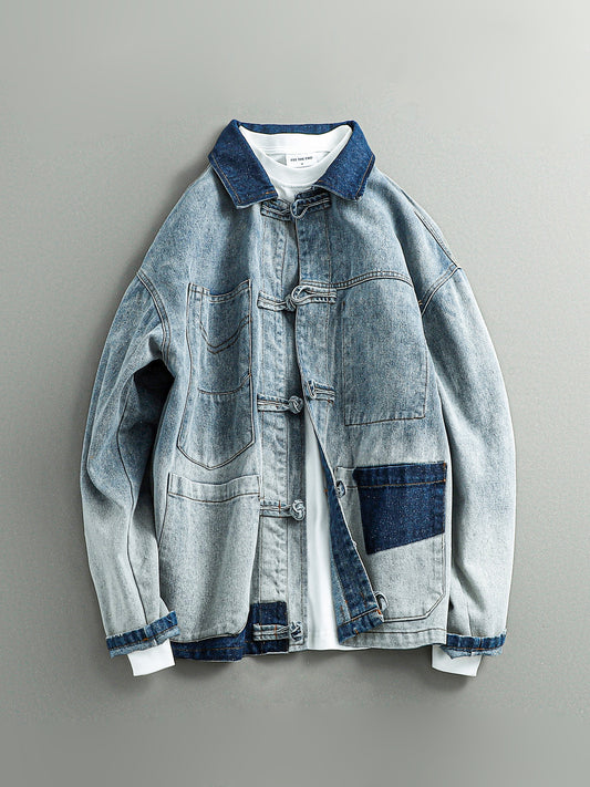 Chinese Frog Button Denim Jacket – Vintage Cotton Oversized Unisex – Coats Jackets | japanese streetwear | vintage workwear | unisex | Yamalinclothes