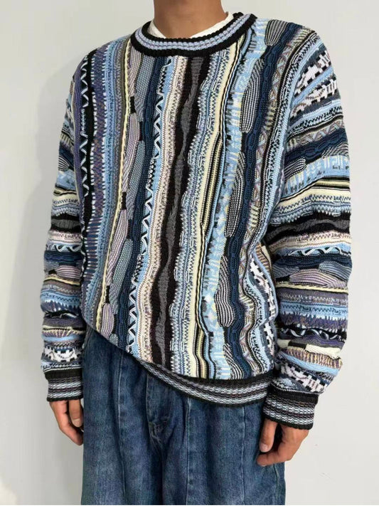 Vertical Stripe Patchwork Jacquard Crew Neck Sweater – Loose Unisex – Sweater pullover | japanese streetwear | vintage workwear | unisex | Yamalinclothes