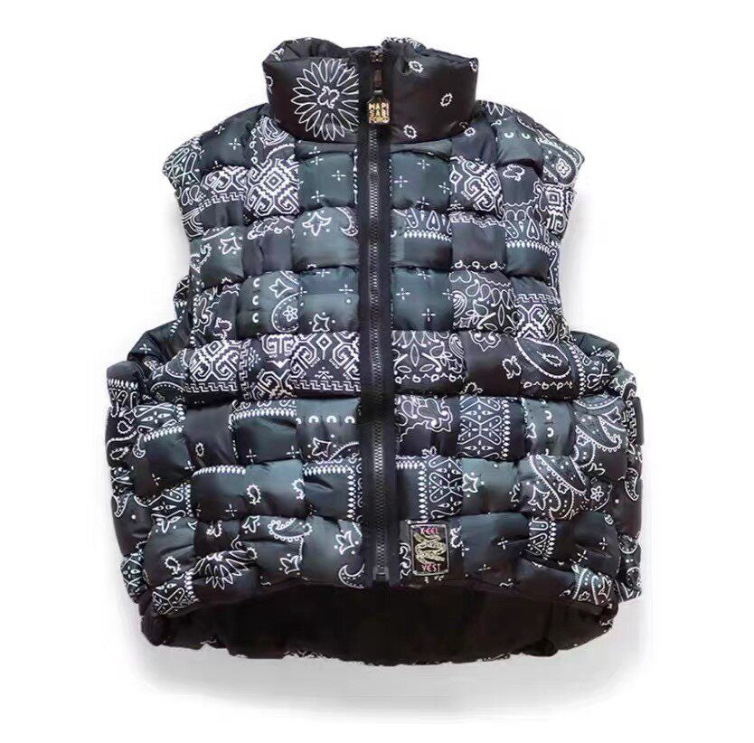 Nylon Paisley Print Down Vest – High-Neck Zip Padded Unisex – Vests | japanese streetwear | vintage workwear | unisex | Yamalinclothes