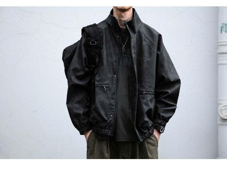 Letter Embroidery Stand-Collar Moto Jacket – American Retro Oversized Unisex
